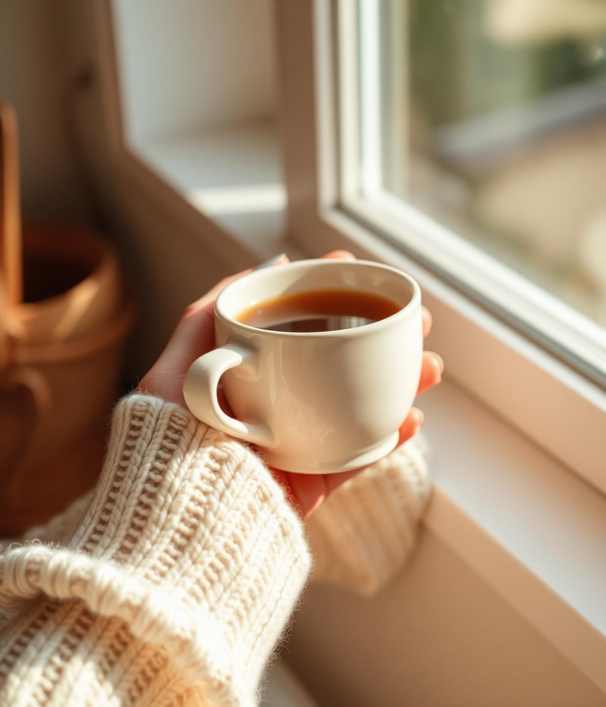 Hands warmly holding a ceramic mug near a window